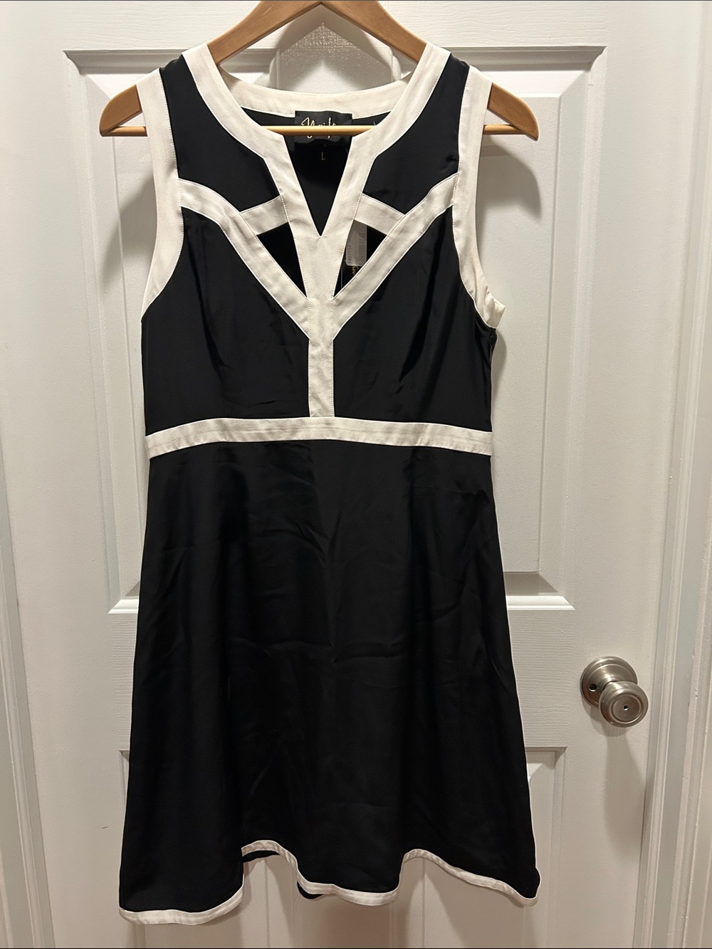 Yumi Kim Black and White Silk Geometric Trim Sleeveless Mini Dress